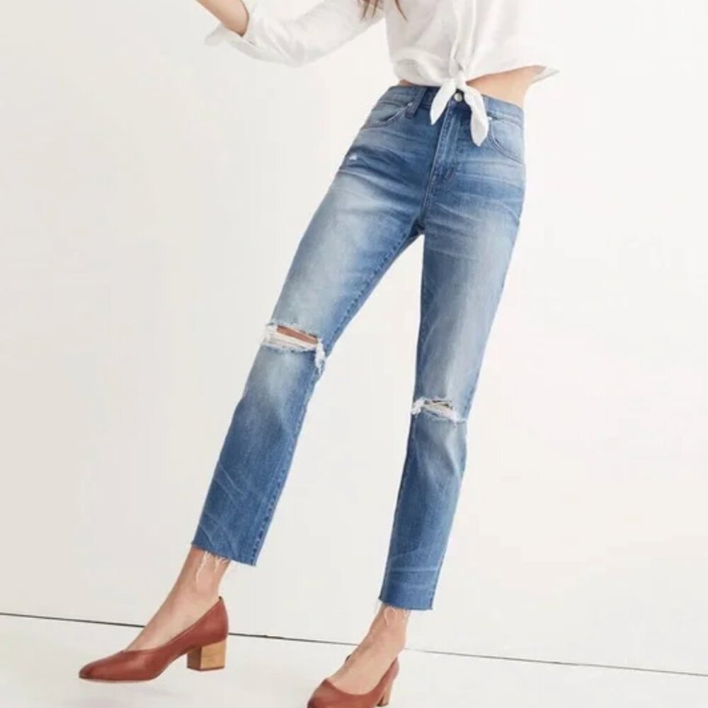 Madewell High Rise Slim Crop Distressed BoyJean Knee Rip Edition Women's size 25